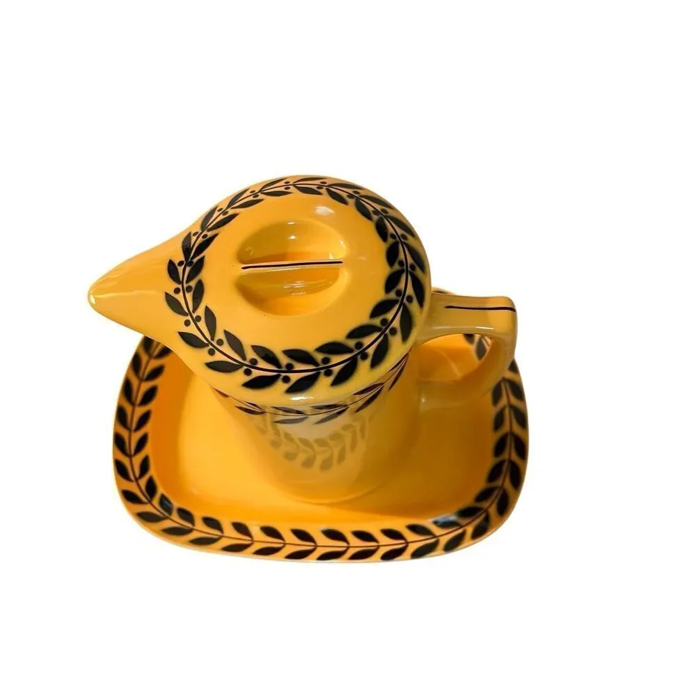 Rare Vintage Bennet Bakeware Jug Teapot W Lid and Matching Tray in Yellow &Black